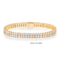 Bracelet Tennis Bling Hip Hop en Laiton Plaqué Or 18K avec Zircon Cubique, Double Rangée de 3mm de Large, Fermoir à Ressort, pour Femmes et Hommes