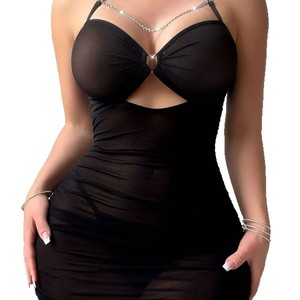 Nuevo conjunto de lencería sexy de estilo europeo y americano: vestido ajustado de malla transparente con cuello halter, conjunto de dos piezas, encaje seductor. - Product Image 5