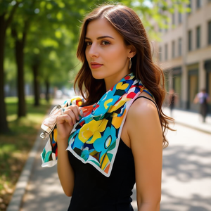 Foulard Quadrato Piccolo con Fiori Colorati 70x70Cm Accessorio di Moda per Donne - Product Image 2