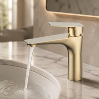 Robinet de lavabo contemporain en laiton doré brossé avec cartouche céramique, à poser sur le comptoir, monotrou