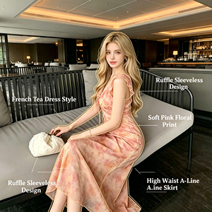 Abito da donna europeo e americano di tendenza 2026, nuovo stile INS, abito francese a vita alta lunghezza tè, rosa con volant floreali - Product Image 1