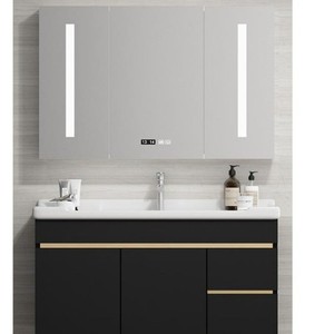 Meuble de salle de bain moderne noir avec vasque en céramique monobloc et armoire à double porte avec miroir - Product Image 3