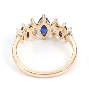 Bagues de mariage personnalisées en or massif 14 carats avec saphir de laboratoire cultivé, demi-alliance, deux tons, saphir taille marquise, bague en moissanite - Product Image 5