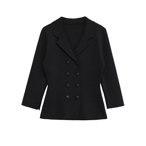 Suéter Cárdigan de Punto con Cuello de Solapa, Color Negro, Doble Botonadura, Estilo Casual y Moderno para Mujer - Product Image 1