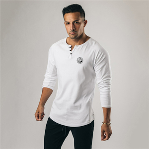Toptan koşu düğmeleri V boyun T-shirt spor uzatmak sonbahar uzun kollu Tees erkekler Slim Fit pamuklu spor vücut geliştirme gömlek Tops - Product Image 3
