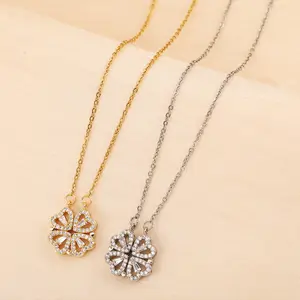 2023 Female Open Close Four Leaf Clover Necklace Fashion Love Folding Stainless Steel Clavicle Chain Cubic Zirconia Jewelry