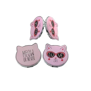 韩国时尚PVC皮革猫形公主双面小镜子口袋大小化妆镜