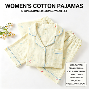 Set Pigiama in Crepe di Cotone, Abbigliamento da Notte Estivo per Donna con Colletto <span class=keywords><strong>e</strong></span> Maniche Corte, Completo Comodo per Casa con Pantaloncini <span class=keywords><strong>e</strong></span> Pantaloni Lunghi - Product Image 1