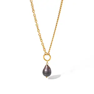 Wholesale Retro Style 18k Gold Plated Stainless Steel Link Chain Natural Black Pearl Pendant Necklace Jewelry For Lady