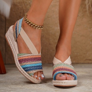 Sandales compensées pour femmes à bout ouvert, en paille, à semelle épaisse, respirantes, à enfiler, avec bride arrière, souples, pour l'été - Product Image 2