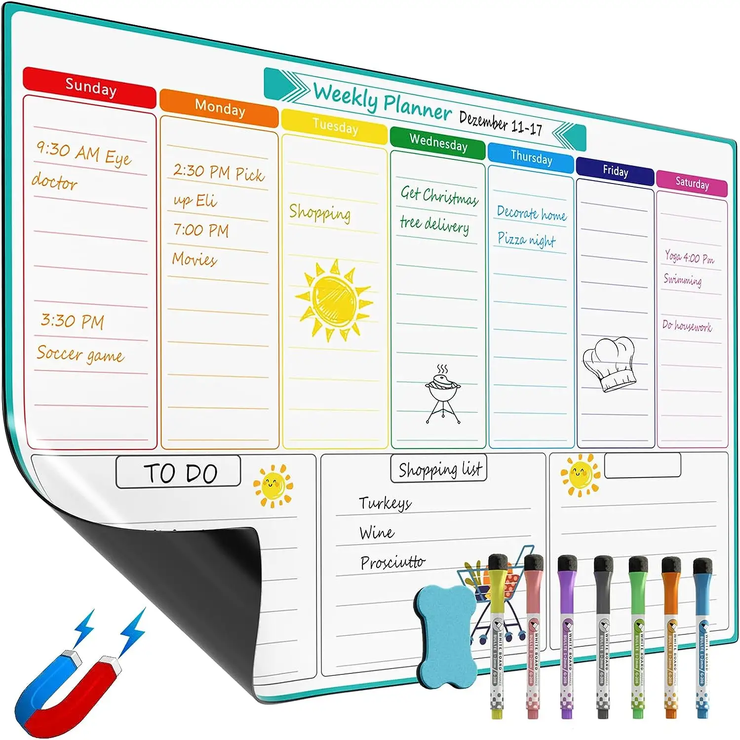 Planner board settimanale cancellabile a secco calendario magnetico cancellabile a secco lavagna magnetica Planner con 7 penne magnetiche e gomma