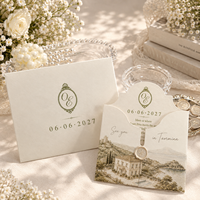 Invitation de mariage sur mesure en papier coton, forme arche découpée, impression feuille d'argent vert olive et gaufrage avec insert en coquille et sceau de cire