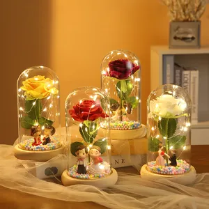 Valentine's Day Present LED Preserved Flowers In Eternal Rose Glass Dome With Wooden Base
