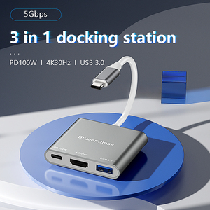 Hub USB 3.0 3 in 1 con <span class=keywords><strong>Adattatore</strong></span> Dock <span class=keywords><strong>Type</strong></span>-<span class=keywords><strong>C</strong></span>, Ricarica PD 100W, 4K 30Hz HD 1080P HDTV - Product Image 2