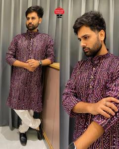 Kurta élégant en rayonne avec imprimé Bandhani et feuille d'aluminium Vêtements de fête ethniques traditionnels Pyjama Kurta pour hommes pour les fêtes et les célébrations - Product Image 1