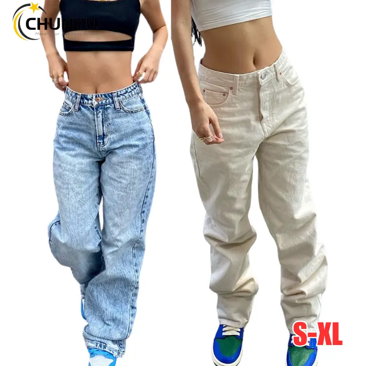 Celana panjang Denim wanita, celana panjang Denim Vintage kasual pinggang tinggi Slim Fit, Jeans Lurus trendi Streetwear dengan saku