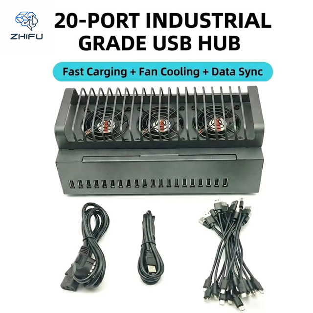 20 Port Industrial USB Hub with 3 Active Cooling Fans for Bulk Mobile Charging and High Speed Data Synchronization ZHIFU Brand