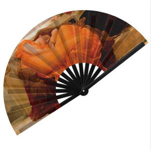 مروحة يد جديدة من الخيزران 13 بوصة 33 بوصة طباعة قماش شعار مخصص للترقية والمناسبات والحفلات - Product Image 1