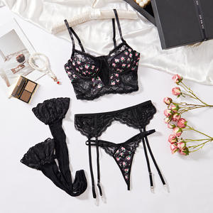 Sexy Flower Print Embroidered Lace Lingerie Set Hot Sell Suspenders Bra and Panty Set With <b>Stockings</b> - Product Image 1