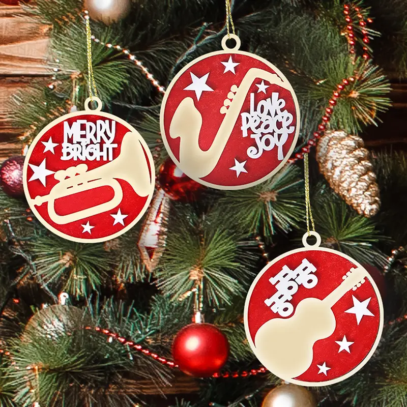 Decoración de árbol de Navidad Decoraciones de madera para el hogar Tuba Cello Saxofón Tres estilos Terciopelo rojo Impreso Marca Colgante Signo