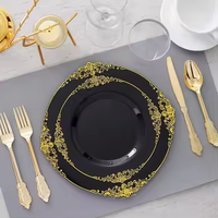 125 assiettes jetables vintage en plastique PS noires avec bord doré, 7,5 pouces et 10,25 pouces, pour 25 invités, mariage, fête