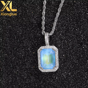 Collier Bling Bling inspiré du hip-hop, plaqué argent, avec zircon cubique rose vif taille émeraude et halo pavé, très attrayant - Product Image 4