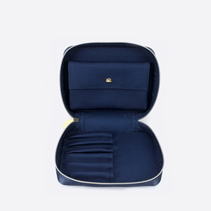 Navy Satin Travel <b>Makeup</b> Organizer <b>Case</b> with Elastic Brush Slots and Snap-Closure Interior Pocket for Cosmetics and Beauty Tools - Product Image 3