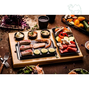 Planche en bois durable avec ensemble de steak en pierre de lave faisant cuire des plats et des casseroles avec des batteries de cuisine robustes en pierre chaude - Product Image 1