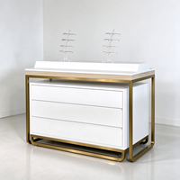 Meuble à lunettes blanc avec finition bois, cadre métallique doré, trois tiroirs, support en acrylique, pour comptoir de magasin d'optique, certifié CE ETL