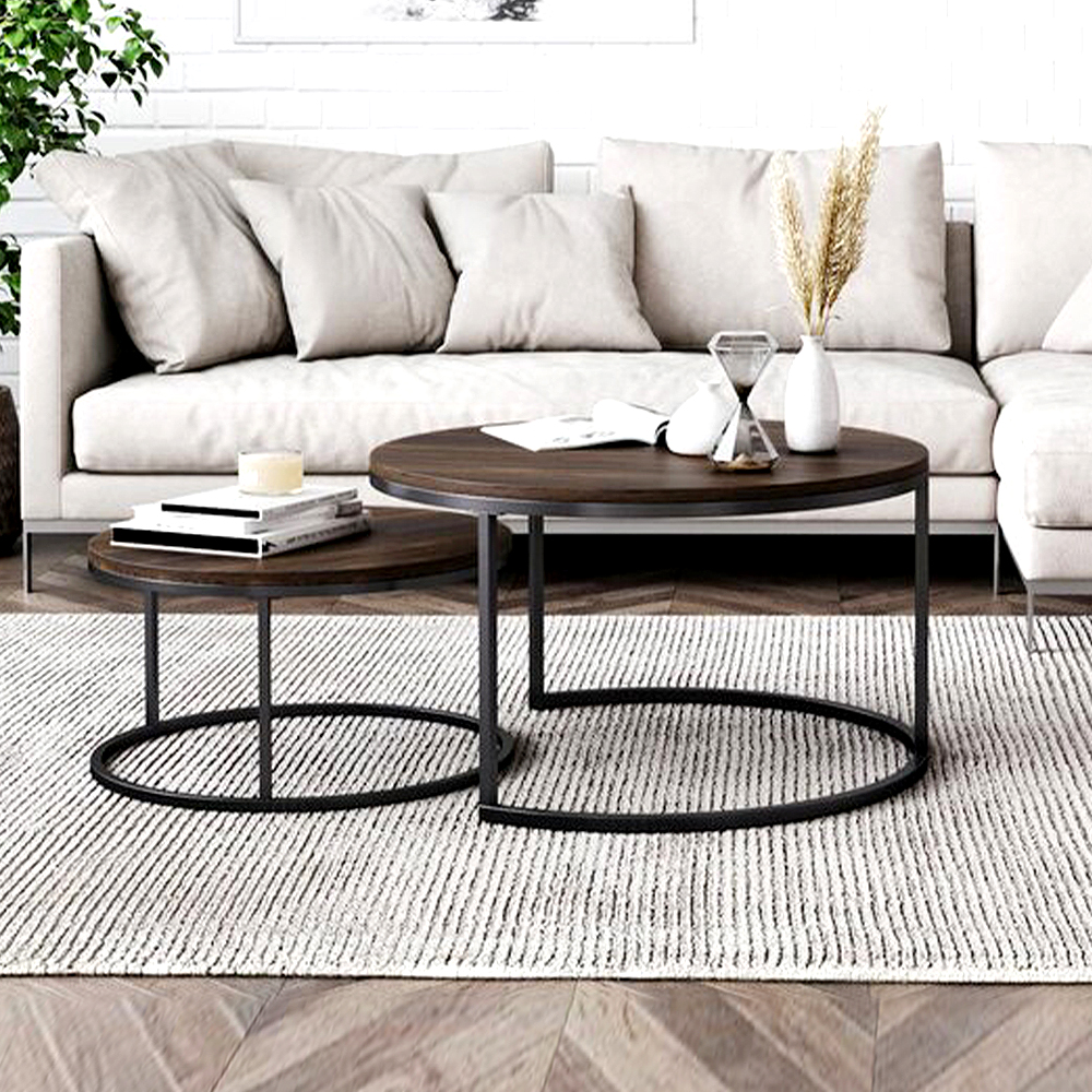 80*80*75cm Home Room Furniture Luxury Round Wood Top Coffee Table With Metal Legs