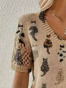 Niedlicher Katzen-Print Strickpullover für Damen 2026 Retro V-Ausschnitt Kurzarm Pullover Lässiger Beige Ajour-Häkel-Strick-T-Shirt-Top - Product Image 5