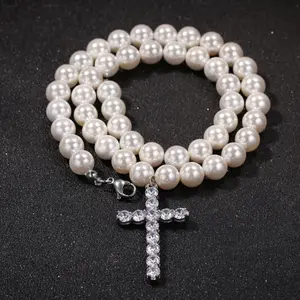 Lefeng Fashion Women Men Hip Hop Jewelry Statement Crystal Cross Pendant Stainless Steel Pearl Necklace Freshwater