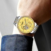 PINDU Business Elegante Halb-Skelett Herren Automatik-Mechanische Uhr mit Diamant-Stundenmarkierungen