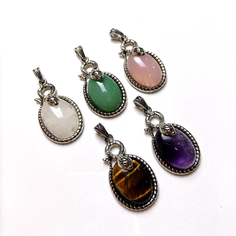 Natural Crystal Charm Oval Cabochon Silver Snake Bezel Green Aventurine  Rose Quartz Amethyst tiger Eye Gemstone Necklace Pendant