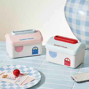 Sweet House Cartoon Tissue Box With Handle Blue Pink PP Material For Living Room Car Bathroom Storage - Product Image 1