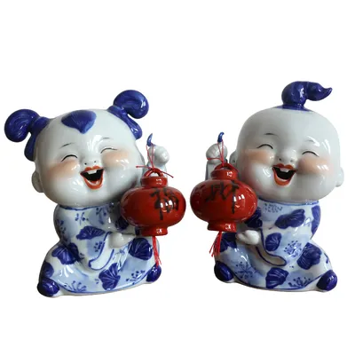 中国風手作り彫刻セラミック青と白の磁器素敵なカップル人形景徳鎮セラミック花瓶カスタマイズ
