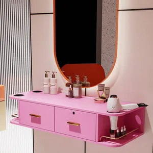 Toilet Barber Shop Wall Mount Wooden Dresser Hair Desk Table Storage Drawer Dressing Makeup Vanity Table with Hair Dryer Holder