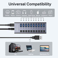 Hub USB alimenté 10 ports 10 Gbit/s USB 3.2 Gen2 avec interrupteurs individuels, adaptateur secteur 48W, station d'accueil en aluminium – En stock