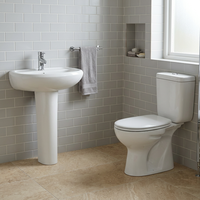 Ensemble sanitaire de salle de bain en céramique deux pièces avec WC à chasse directe, lavabo sur colonne à siphon en S et lavabo à poser au sol