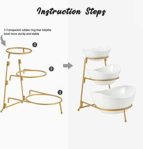 Juego de Frutero Moderno de Lujo, Bandeja Ovalada de Porcelana con Patrón Cuadrado y Soporte Metálico, Juego de Tres Platos para el Hogar - Product Image 3