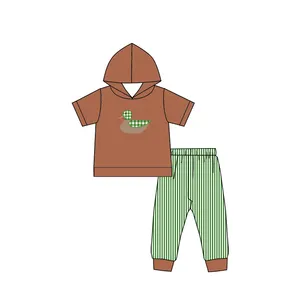 热卖低价少女服装100% 棉鸭棕色绿色短袖衬衫裤儿童套装