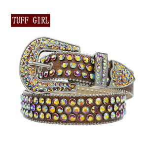 Sabuk kulit ular Retro untuk pria, sabuk kulit mewah bertatahkan safir Rubi, berlian imitasi berkilau biru gradien - Product Image 3