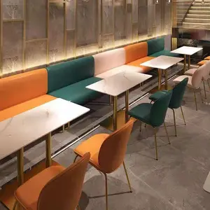 Lebih desain bentuk L Cafe Hamburger Shop Bar KTV Club Metal Velvet kulit Restoran Sectional Sofa Booth tempat duduk