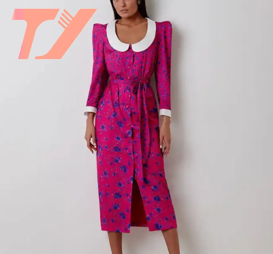 Tuoyi Boutique Quần Áo Mùa Thu Pháp Lãng Mạn Thanh Lịch Dài Tay Áo Giản Dị Hoa In Chia Phụ Nữ A-Line Midi Dress