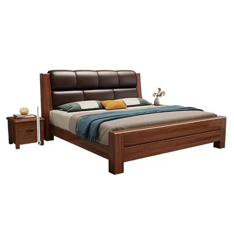 Modern new Chinese style Walnut solid wood bed Master bedroom soft leather bed 1.8m wedding bedroom high box