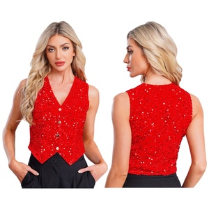 Women Fashion Performance Dancewear Solid Color V-Neck Sleeveless Sparkly <b>Sequin</b> Vest <b>Tops</b> Cocktail Party Banquet Nightclub - Product Image 2