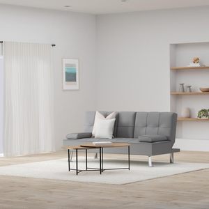 Canapé-lit futon moderne en lin pliable et inclinable pour appartement ou dortoir avec accoudoirs amovibles, <span class=keywords><strong>2</strong></span> porte-gobelets, 3 places, gris - Product Image 2