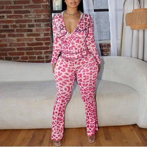 ヒョウ柄2ピースセット女性の秋トラックスーツアスレジャーフード付きクロップジャケット + フレアパンツストレッチスーツ - Product Image 5