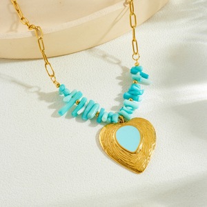 Irregular Blue Pebble Beaded Necklace Gold Plated Heart Pendant Clavicle Chain Daily Party Wear - Product Image 2