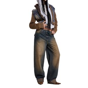 กางเกงยีนส์เดนิมทรงหลวมคุณภาพสูงสำหรับผู้หญิง ล้างแบบ Monkey Wash ทรงขากว้าง สไตล์วินเทจสุดพิเศษ - Product Image 5